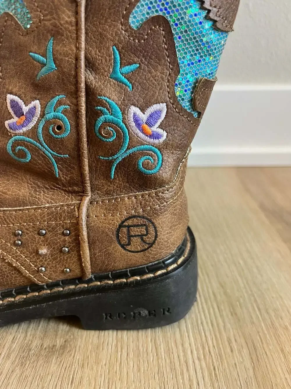 Romper, Toddler Girls Light Up Studded Sequence Cowgirl Boots, Brown/Blue, 11C